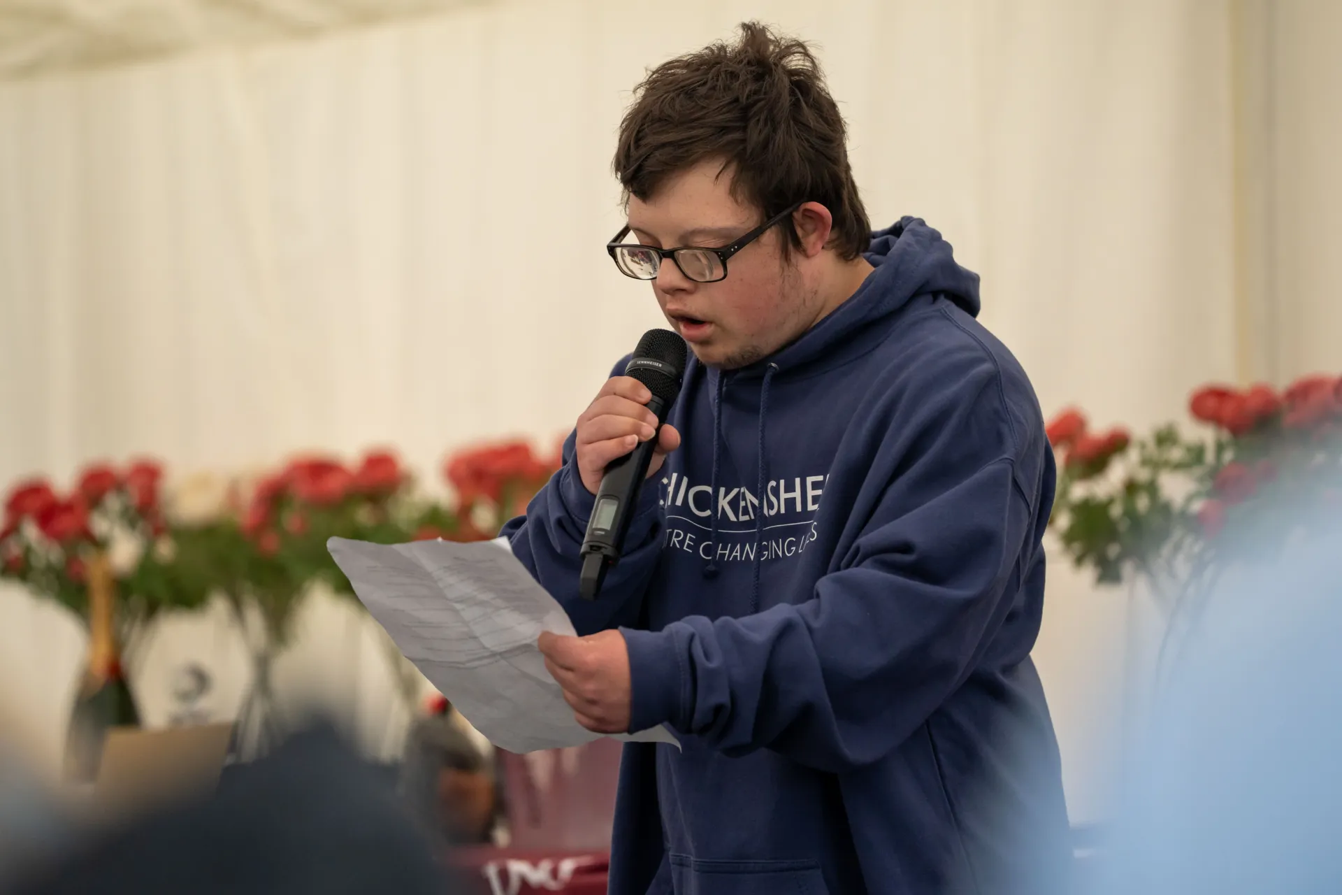 Chickenshed alumni Alex Buga shares his story at Chickenshed's annual Clay Pigeon shoot