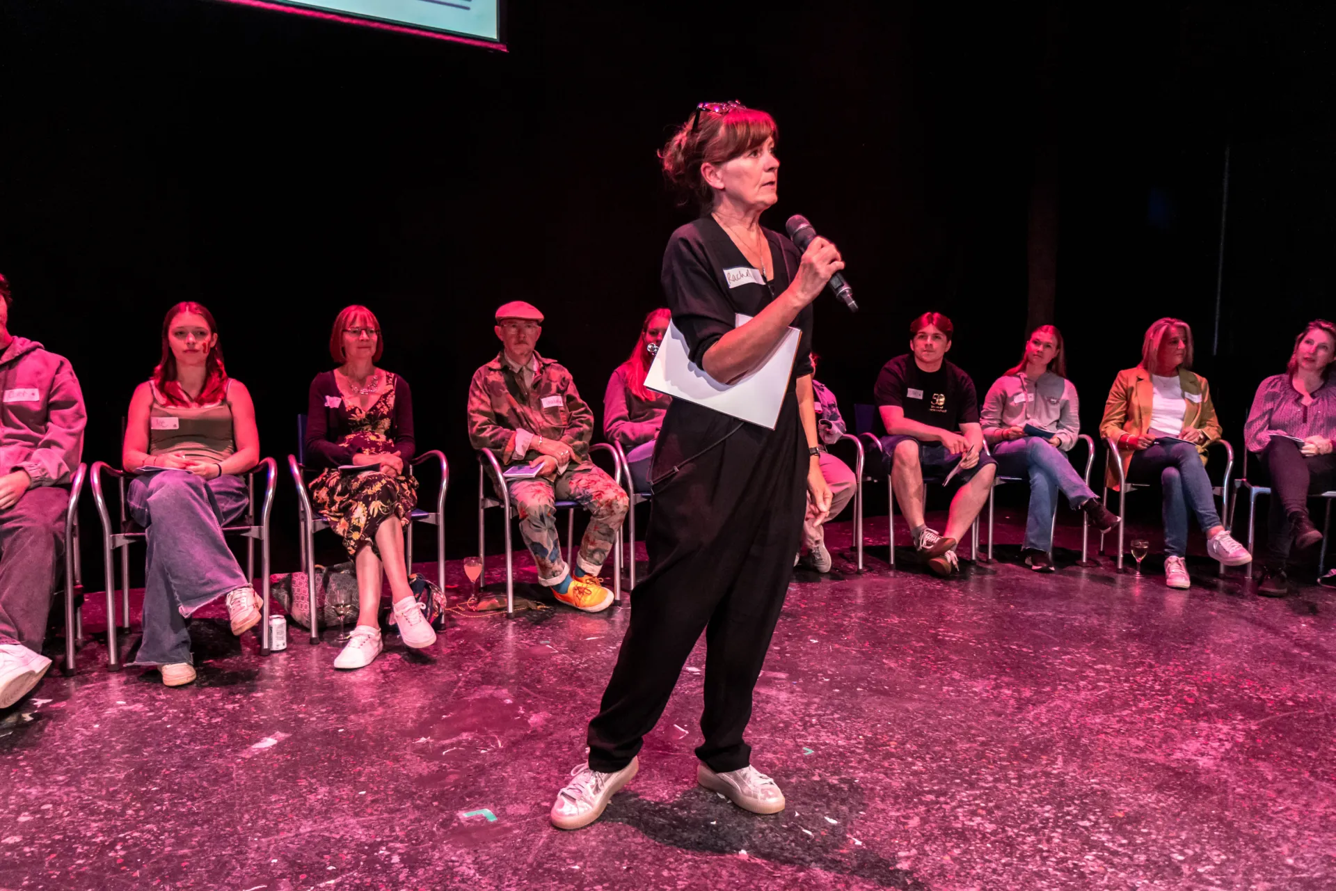 rachel speaking at front of living letters panel